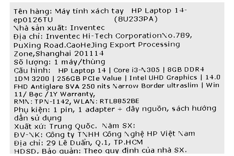 Laptop HP 14 ep0126TU i3 N305/8GB/256GB/Win11 (8U233PA) Màu Bạc