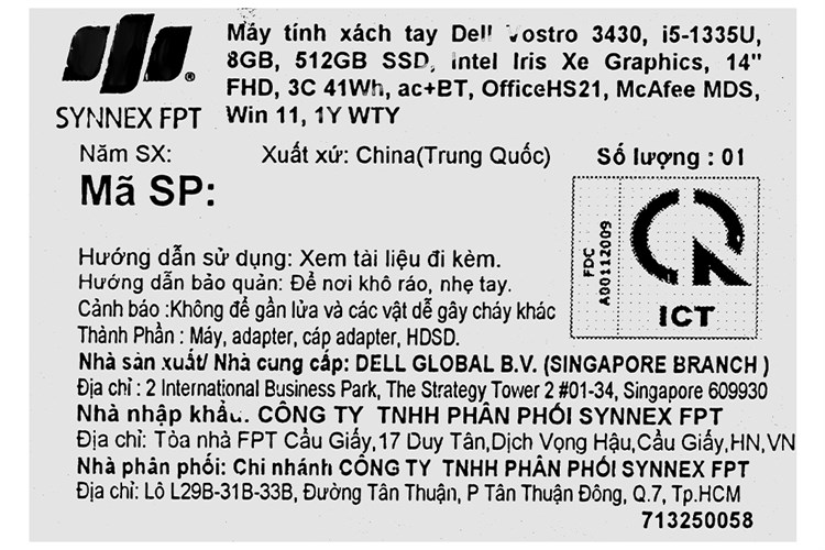 Laptop Dell Vostro 14 3430 i5 1335U/8GB/512GB/OfficeHS/Win11 (71011900) Màu Xám