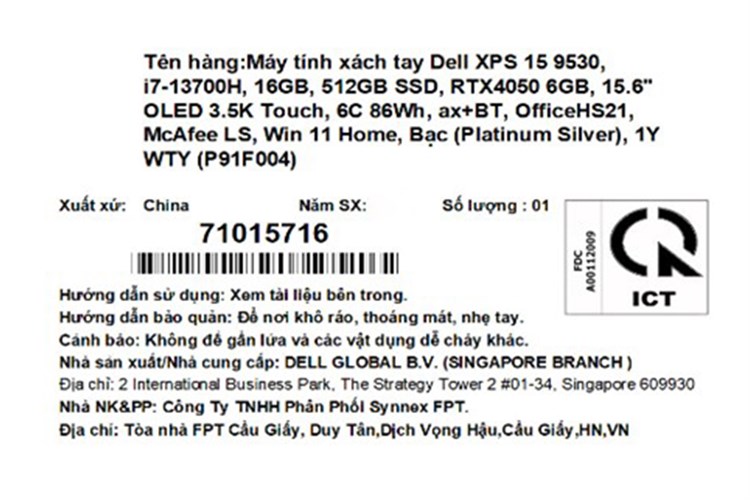 Laptop Dell XPS 15 9530 i7 13700H/16GB/512GB/6GB RTX4050/Touch/Cáp/OfficeHS/Win11 (71015716) Màu Bạc