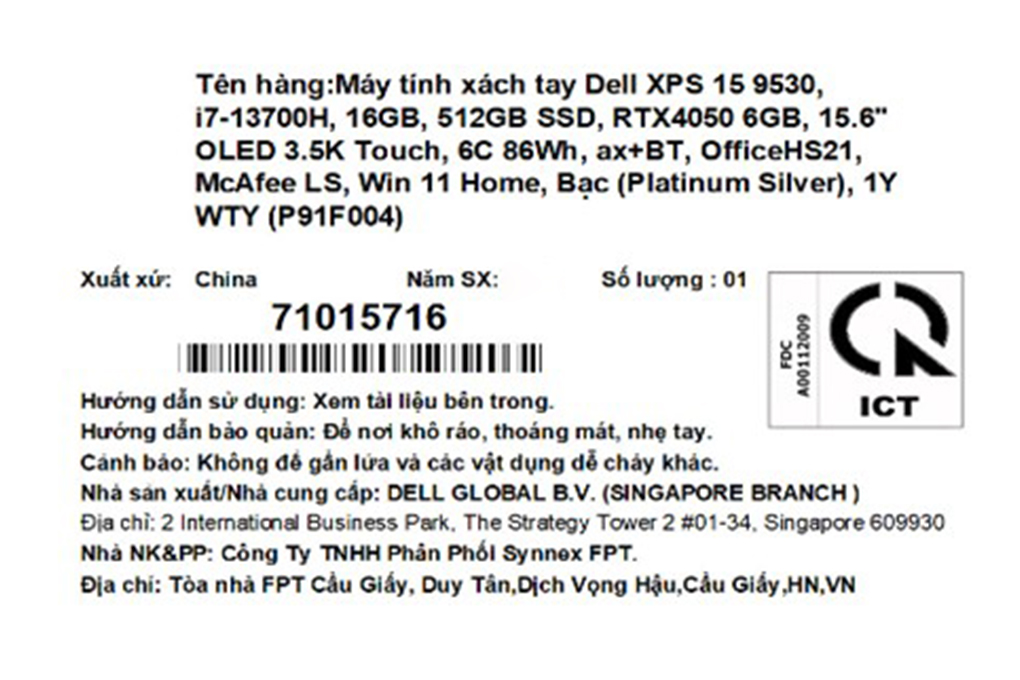 Laptop Dell XPS 15 9530 i7 13700H/16GB/512GB/6GB RTX4050/Touch/Cáp/OfficeHS/Win11 (71015716) Màu Bạc