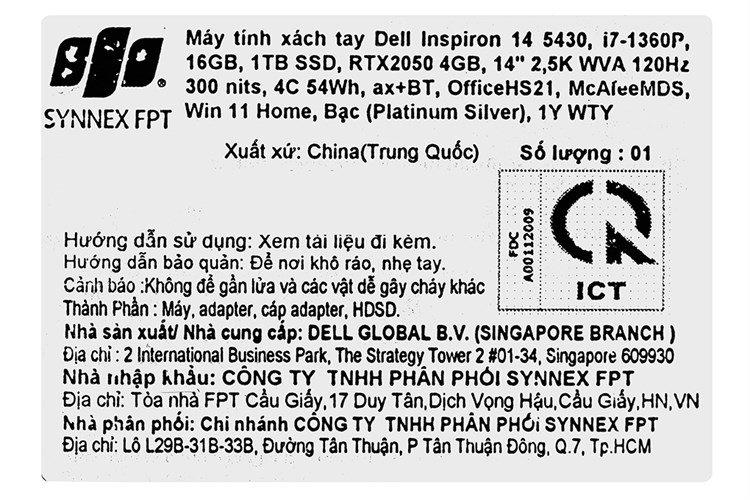 Laptop Dell Inspiron 14 5430 i7 1360P/16GB/1TB/4GB RTX2050/120Hz/OfficeHS/Win11 (71015633) Màu Bạc