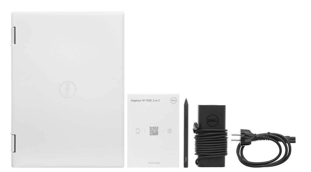 Bộ sản phẩm gồm: Sách hướng dẫn, Thùng máy, Sạc Laptop Dell, Bút cảm ứng