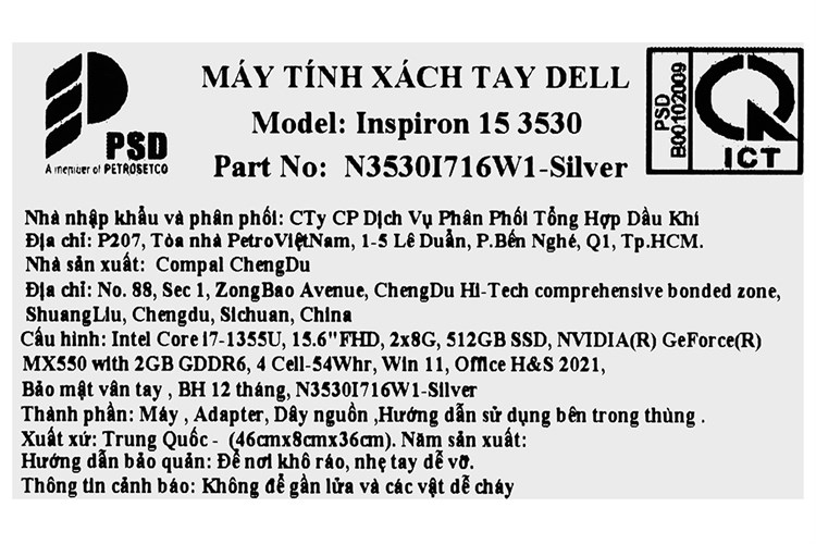 Laptop Dell Inspiron 15 3530 i7 1355U/16GB/512GB/2GB MX550/OfficeHS/Win11 (N3530I716W1) Màu Bạc
