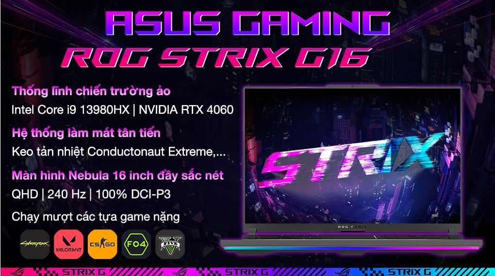 Laptop Asus Gaming ROG Strix G16 G614JV i9 13980HX/16GB/1TB/8GB RTX4060/240Hz/Balo/Win11 (N4261W)