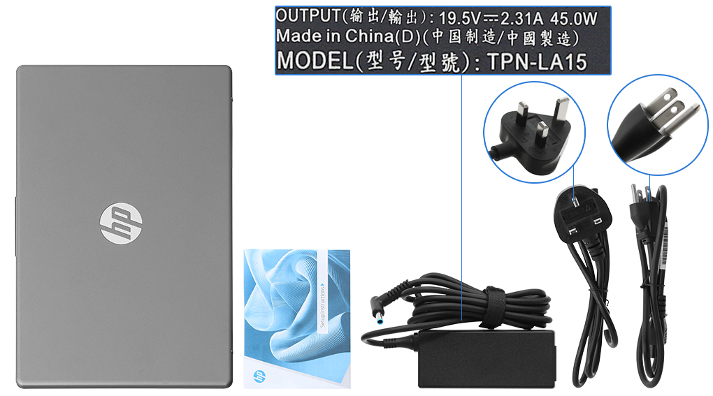 Bộ sản phẩm gồm: Thùng máy, Sạc Laptop HP, Sách hướng dẫn