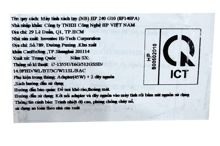 Laptop HP 240 G10 i7 1355U/16GB/512GB/Win11 (8F140PA) Màu Bạc