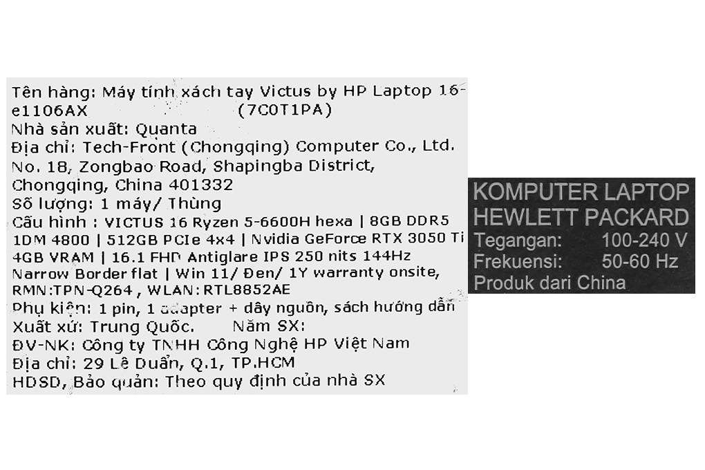 Laptop HP Gaming VICTUS 16 e1106AX R5 6600H/8GB/512GB/4GB RTX3050Ti/144Hz/Win11 (7C0T1PA) Màu Đen