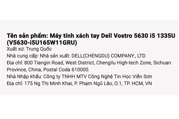 Laptop Dell Vostro 16 5630 i5 1335U/16GB/512GB/OfficeHS/Win11 (V5630-i5U165W11GRU) Màu Xám