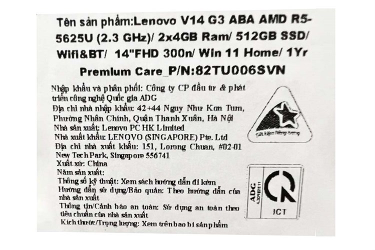 Laptop Lenovo V14 G3 ABA R5 5625U/8GB/512GB/Win11 (82TU006SVN) Màu Đen