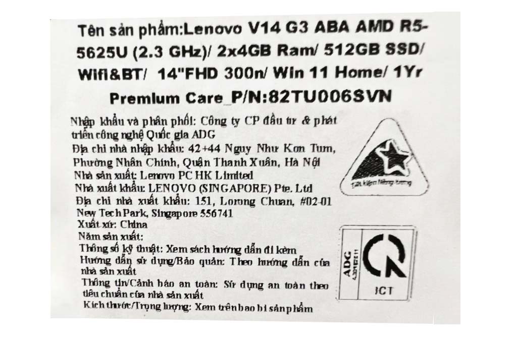 Laptop Lenovo V14 G3 ABA R5 5625U/8GB/512GB/Win11 (82TU006SVN) Màu Đen