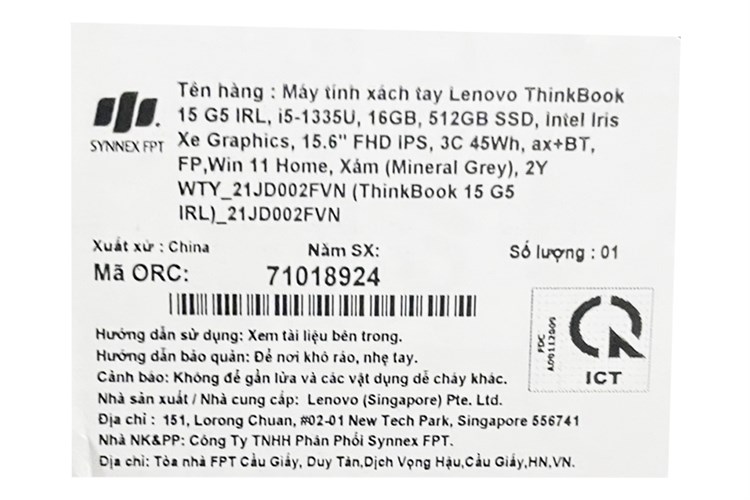 Laptop Lenovo ThinkBook 15 G5 IRL i5 1355U/16GB/512GB/Win11 (21JD002FVN) Màu Xám