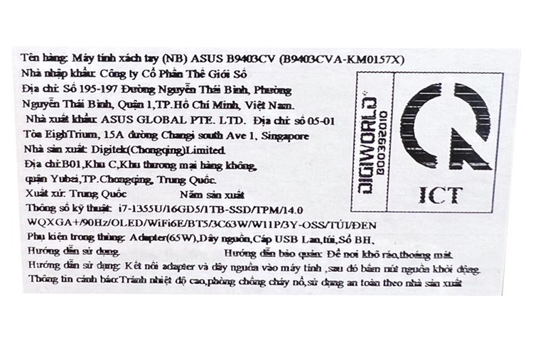 Laptop Asus ExpertBook B9 OLED B9403CVA i7 1355U/16GB/1TB/Cáp/Túi/Win11 Pro (KM0157X) Màu Đen