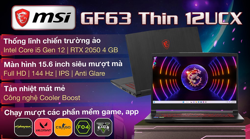 Laptop MSI Gaming GF63 Thin 12UCX i5 12450H/16GB/512GB/4GB RTX2050/144Hz/Win11 (873VN)