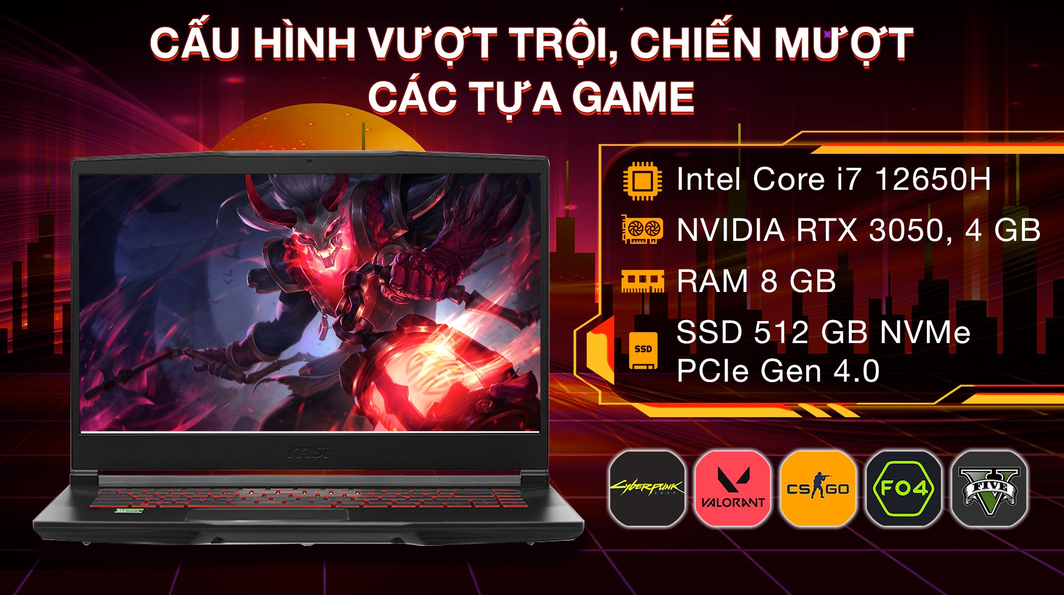 Laptop MSI Gaming GF63 Thin 12UC - 887VN (i7 12650H, 8GB, 512GB, RTX 3050 4GB, Full HD 144Hz, Win11)