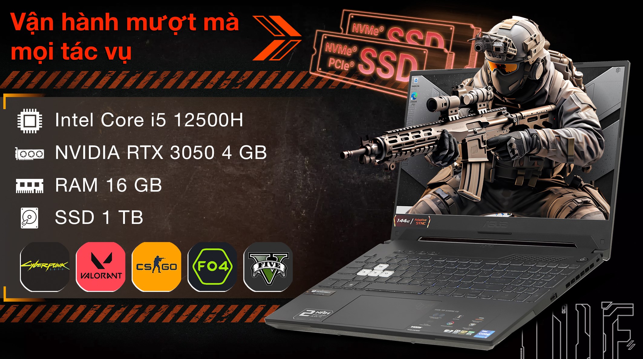 Laptop Asus TUF Gaming F15 FX507ZC4 - HN229W (i5 12500H, 16GB, 1TB, RTX 3050 4GB, Full HD 144Hz, Win11)