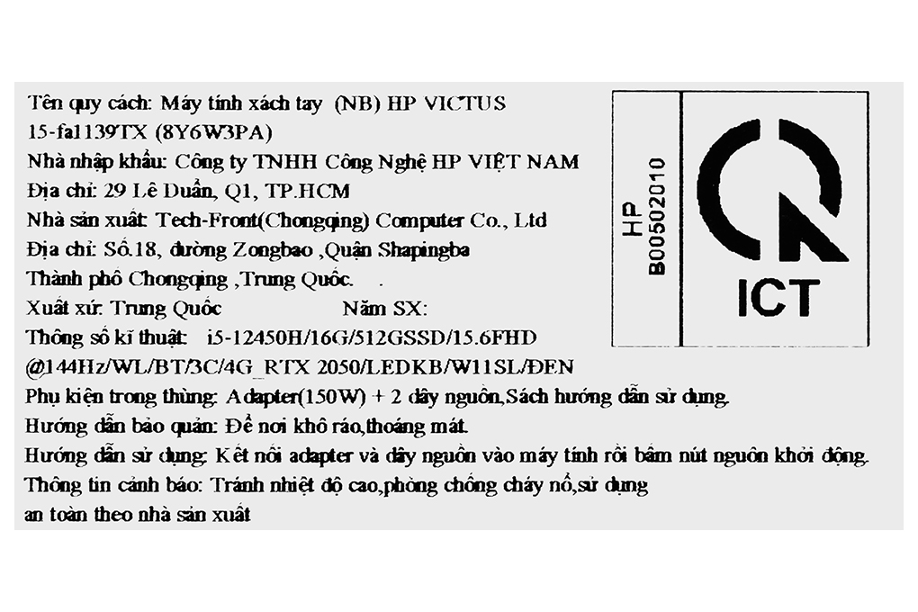 Laptop HP Gaming VICTUS 15 fa1139TX - 8Y6W3PA (i5 12450H, 16GB, 512GB, RTX 2050 4GB, Full HD 144Hz, Win11) Màu Đen