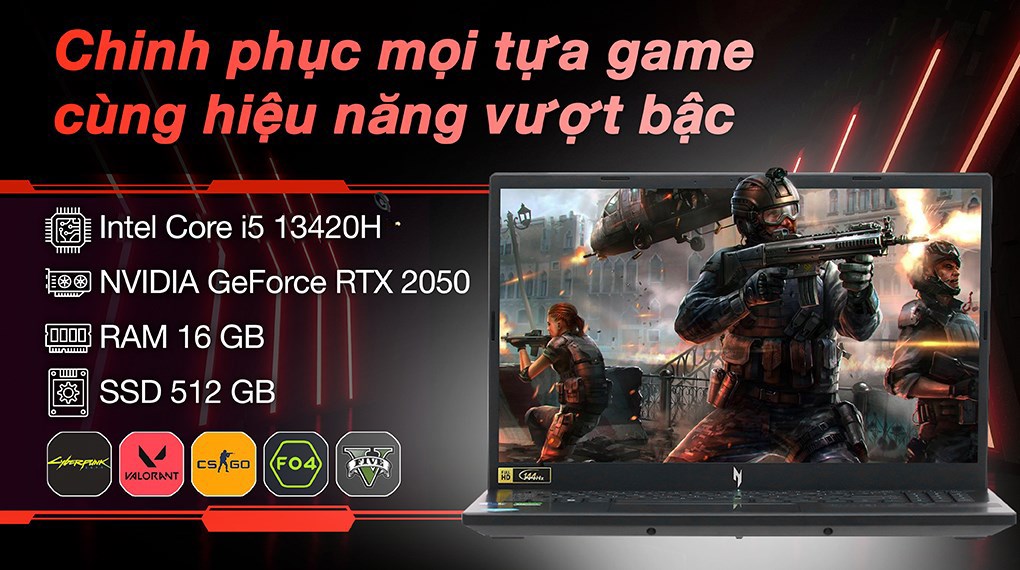Laptop Acer Gaming Nitro V ANV15 51 53NE - NH.QNASV.002 (i5 13420H, 16GB, 512GB, RTX 2050 4GB, Full HD 144Hz, Win11)