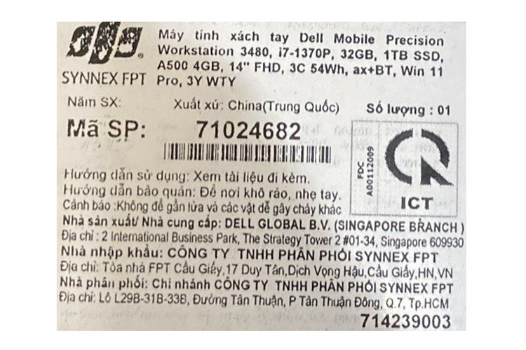 Laptop Dell Precision 14 3480 i7 12800H/32GB/1TB/4GB RTXA500/Win11 Pro (71024682) Màu Xám