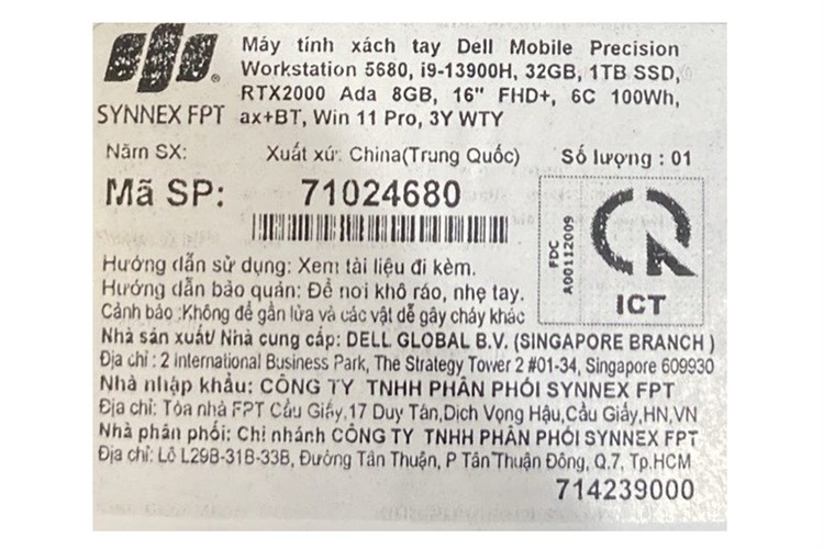 Laptop Dell Precision 16 5680 i9 13900H/32GB/1TB/8GB RTXA2000/Win11 Pro (71024680) Màu Xám