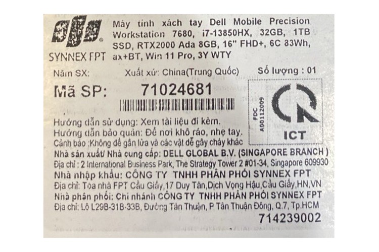 Laptop Dell Precision 16 7680 i7 13850HX/32GB/1TB/8GB RTXA2000/Win11 Pro (71024681) Màu Xám