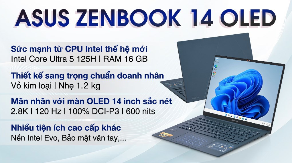 Laptop Asus Zenbook 14 OLED UX3405MA Ultra 5 125H/16GB/512GB/Túi/Win11 (PP151W)