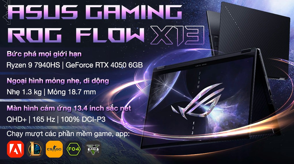 Laptop Asus Gaming ROG Flow X13 GV302XU R9 7940HS/16GB/1TB/6GB RTX4050/165Hz/Touch/Pen/Túi/Win11 (MU223W)