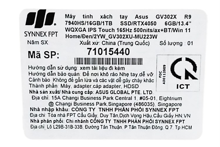 Laptop Asus Gaming ROG Flow X13 GV302XU R9 7940HS/16GB/1TB/6GB RTX4050/165Hz/Touch/Pen/Túi/Win11 (MU223W) Màu Đen