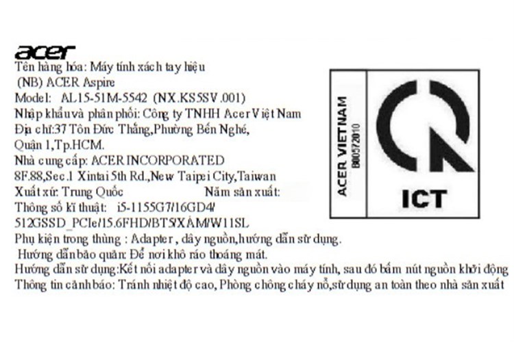 Laptop Acer Aspire Lite 15 51M 5542 i5 1155G7/16GB/512GB/Win11 (NX.KS5SV.001) Màu Xám