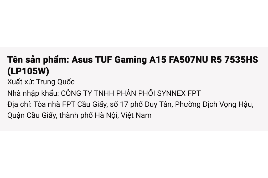 Laptop Asus TUF Gaming A15 FA507NU - LP105W (R5 7535HS, 16GB, 512GB, RTX 4050 6GB, Full HD 144Hz, Win11) Màu Xám
