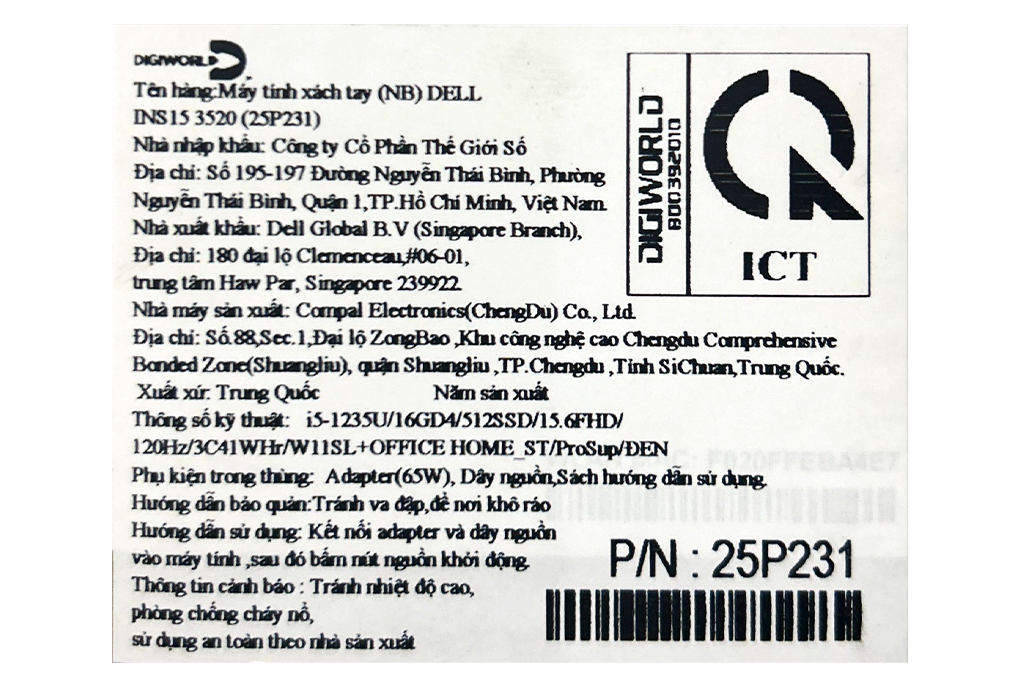 Laptop Dell Inspiron 15 3520 - 25P231 (i5 1235U, 16GB, 512GB, Full HD 120Hz, OfficeHS, KYHD, Win11) Màu Đen