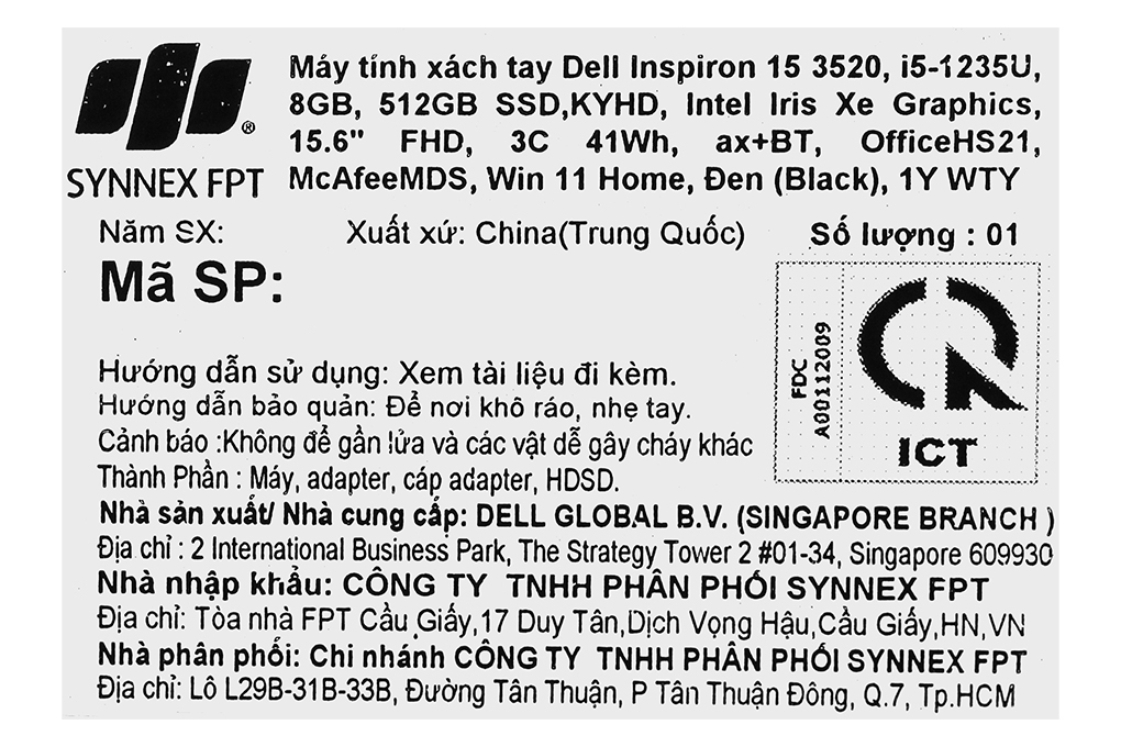 Laptop Dell Inspiron 15 3520 - 71027003 (i5 1235U, 8GB, 512GB, Full HD 120Hz, OfficeHS, KYHD, Win11) Màu Đen