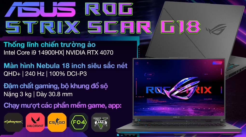 Laptop Asus Gaming ROG Strix SCAR G18 G814JIR i9 14900HX/32GB/1TB/8GB RTX4070/240Hz/Balo/Win11 (N6007W)