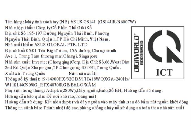 Laptop Asus Gaming ROG Strix SCAR G18 G814JIR i9 14900HX/32GB/1TB/8GB RTX4070/240Hz/Balo/Win11 (N6007W) Màu Xám