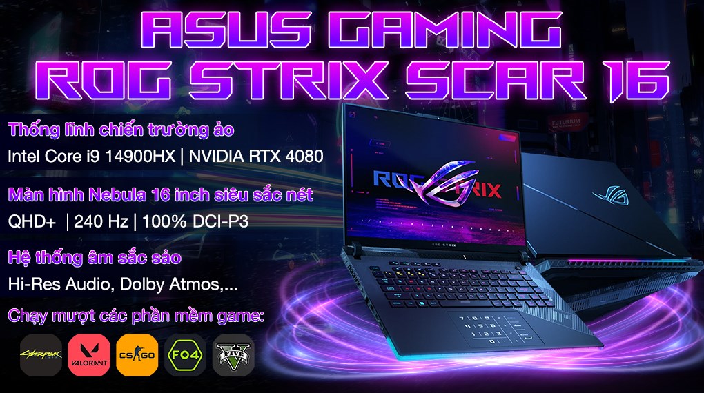 Laptop Asus Gaming ROG Strix SCAR 16 G634JZR i9 14900HX/64GB/2TB/12GB RTX4080/240Hz/Balo/Chuột/Win11 (NM009W)