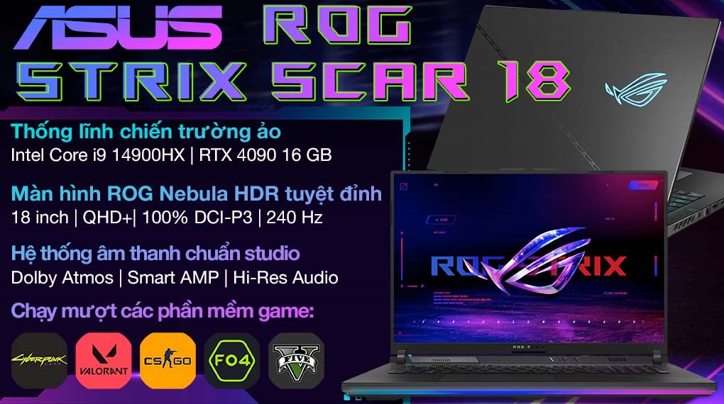 Laptop Asus Gaming ROG Strix SCAR 18 G834JYR i9 14900HX/64GB/2TB/16GB RTX4090/240Hz/Balo/Chuột/Win11 (R6011W)
