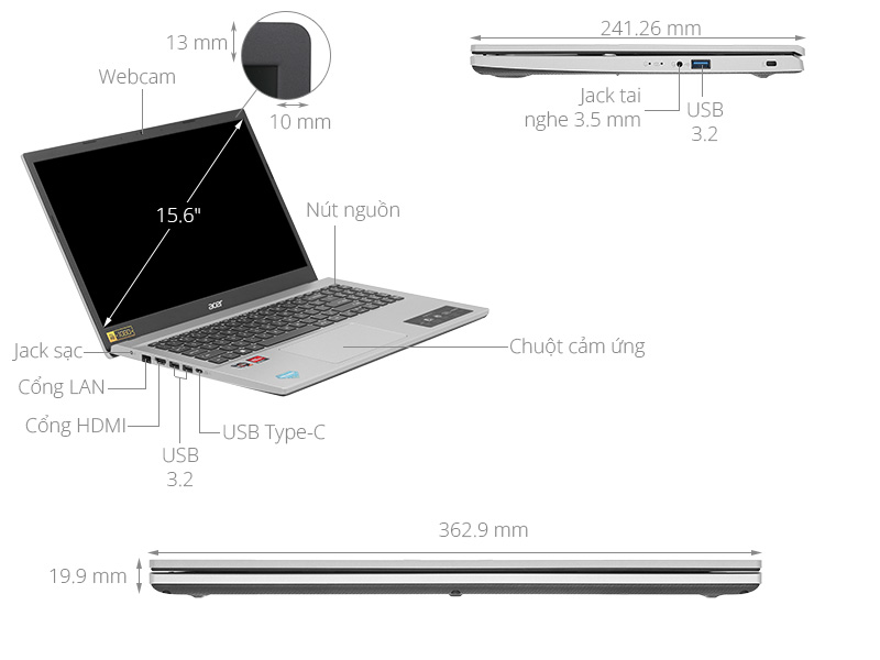 Acer Aspire A315 44P R9W8 - NX.KSJSV.002 (R7 5700U, 8GB, 512GB, Full HD, Win11)