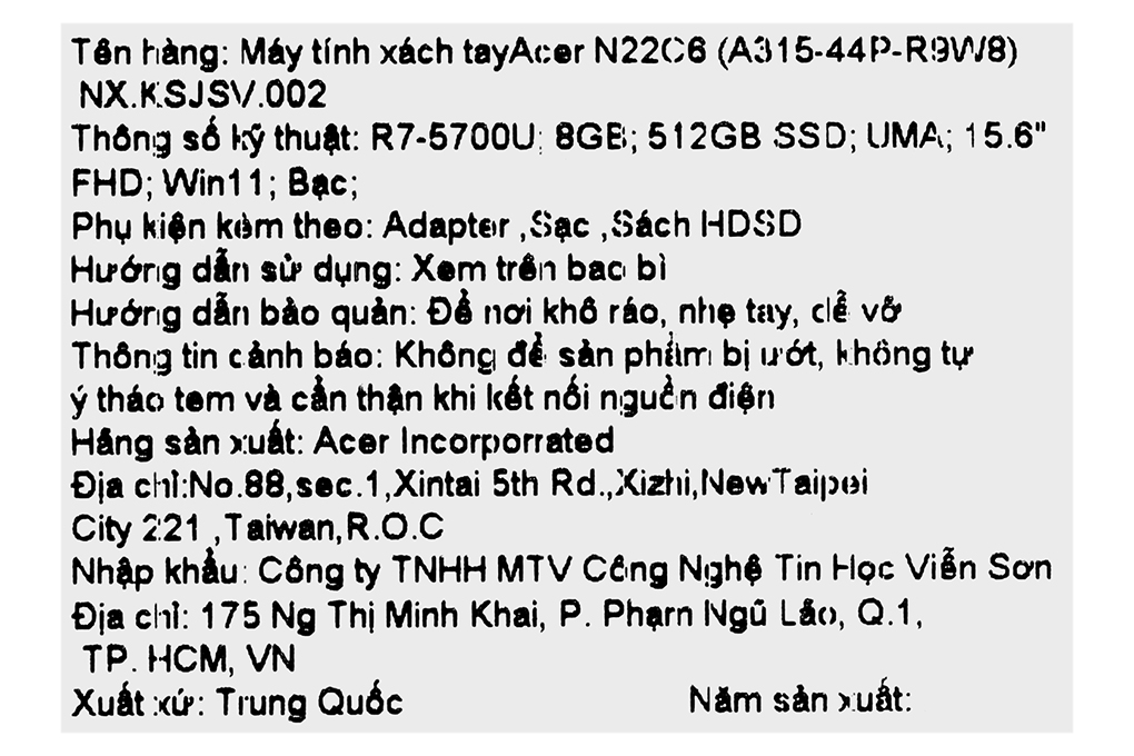 Laptop Acer Aspire A315 44P R9W8 - NX.KSJSV.002 (R7 5700U, 8GB, 512GB, Full HD, Win11) Màu Bạc
