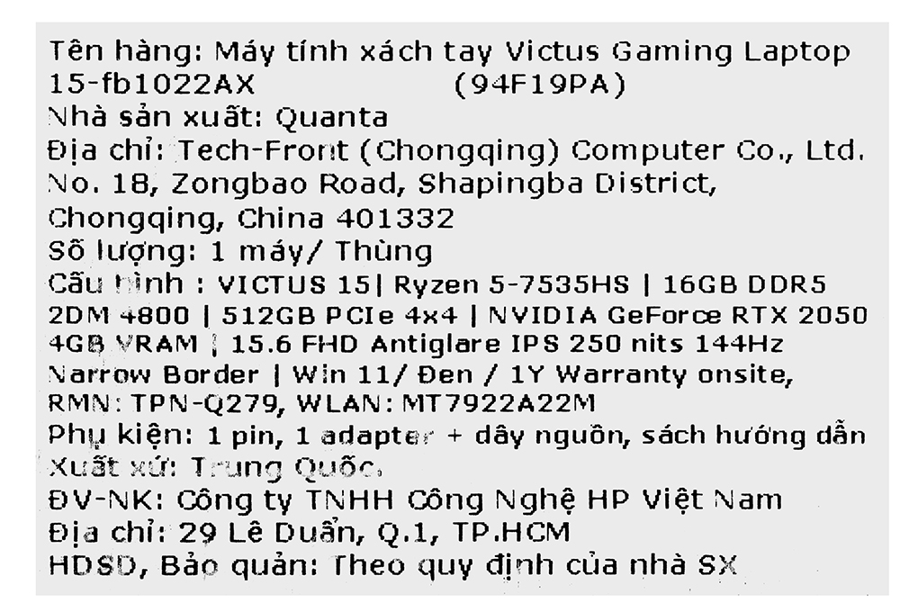 Laptop HP Gaming VICTUS 15 fb1022AX - 94F19PA (R5 7535HS, 16GB, 512GB, RTX 2050 4GB, Full HD 144Hz, Win11) Màu Đen