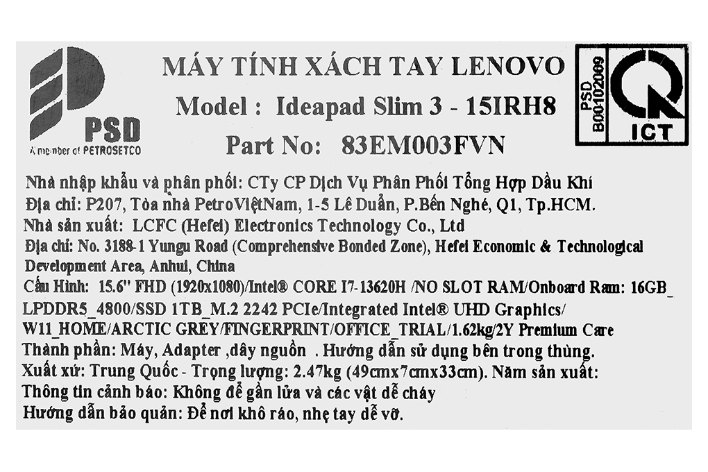 Laptop Lenovo Ideapad Slim 3 15IRH8 - 83EM003FVN (i7 13620H, 16GB, 1TB, Full HD, Win11) - 17