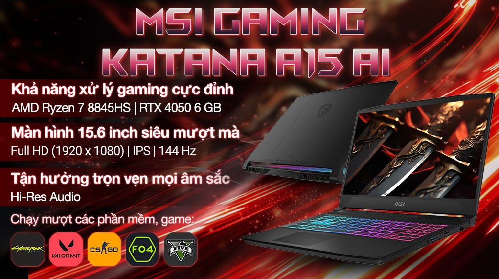 Laptop MSI Gaming Katana A15 AI B8VE R7 8845HS/16GB/512GB/6GB RTX4050/144Hz/Balo/Win11 (402VN)