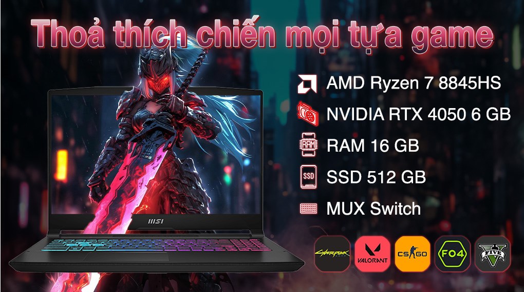 Laptop MSI Gaming Katana A15 AI B8VE - 402VN (R7 8845HS, 16GB, 512GB, RTX 4050 6GB, Full HD 144Hz, Win11)