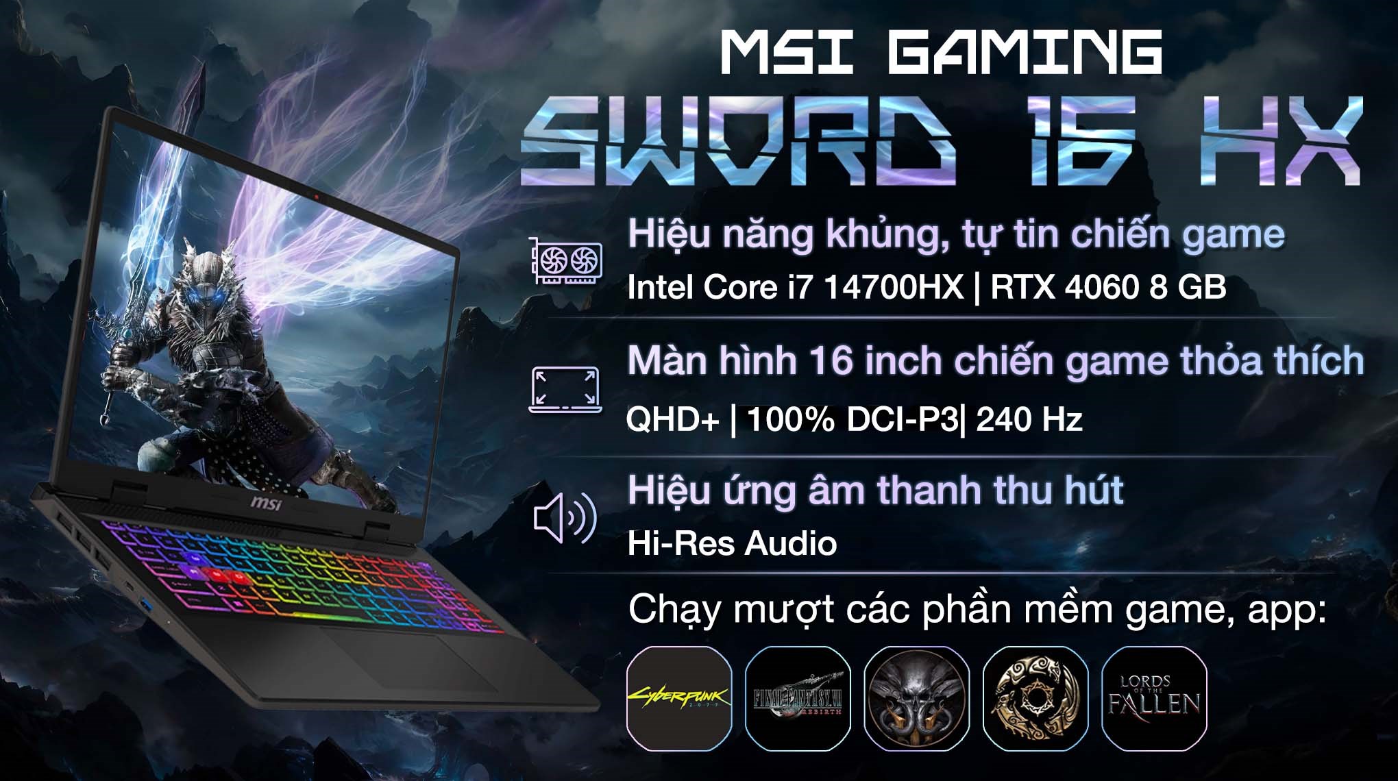 Laptop MSI Gaming Sword 16 HX B14VFKG i7 14700HX/16GB/1TB/8GB RTX4060/240Hz/Balo/Win11 (045VN)