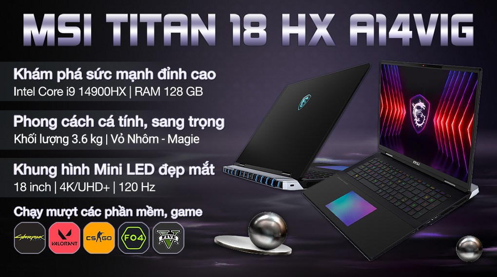 Laptop MSI Gaming Titan 18 HX A14VIG i9 14900HX/128GB/4TB/16GB RTX4090/120Hz/Balo/Chuột/USB/Win11 (205VN)