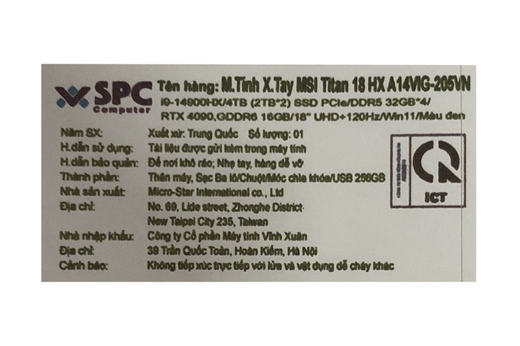 Laptop MSI Gaming Titan 18 HX A14VIG i9 14900HX/128GB/4TB/16GB RTX4090/120Hz/Balo/Chuột/USB/Win11 (205VN) Màu Đen
