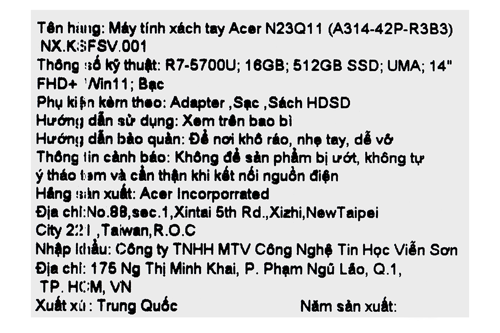 Laptop Acer Aspire 3 A314 42P R3B3 - NX.KSFSV.001 (R7 5700U, 16GB, 512GB, WUXGA, Win11) - 16