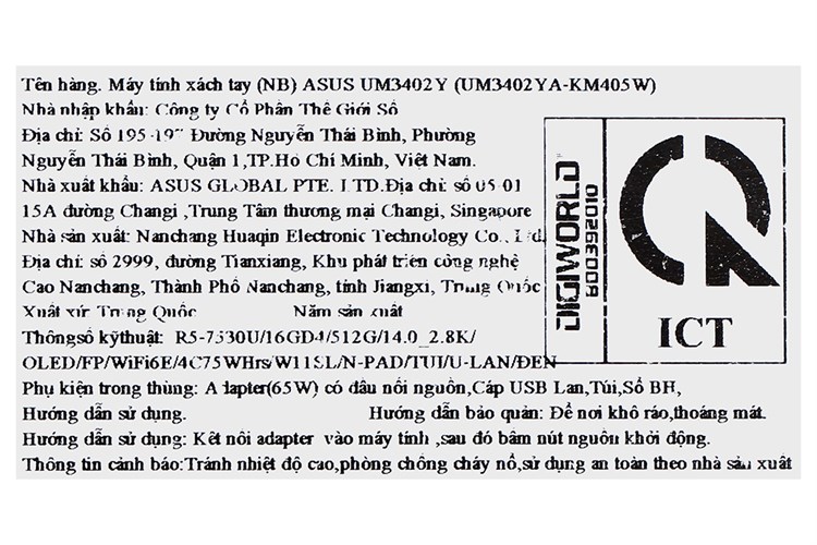 Laptop Asus Zenbook 14 OLED UM3402YA R5 7530U/16GB/512GB/Cáp/Túi/Win11 (KM405W) Màu Đen