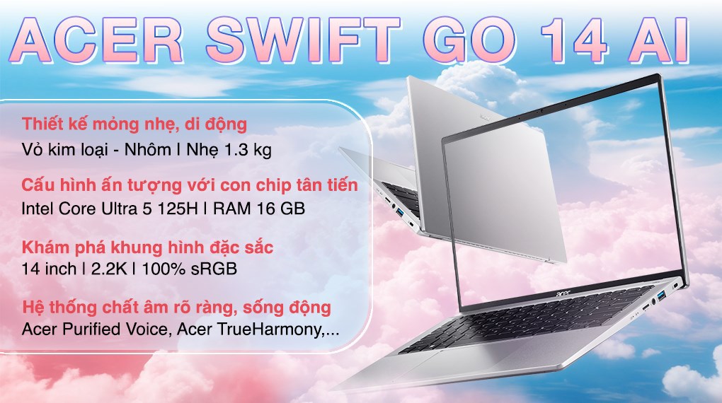 Laptop Acer Swift Go 14 AI SFG14 72 55HZ Ultra 5 125H (NX