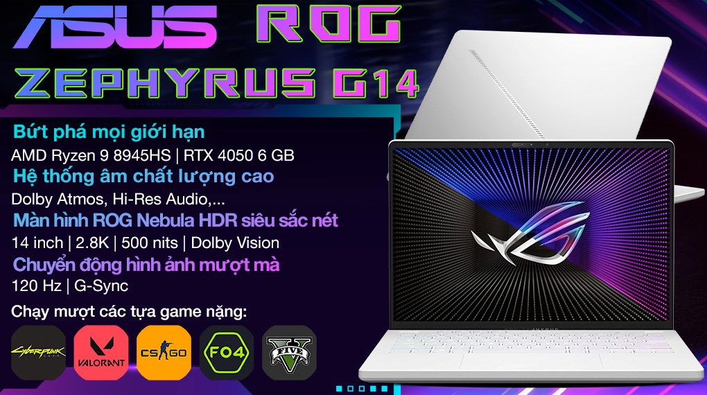Laptop Asus Gaming ROG Zephyrus G14 GA403UU R9 8945HS/32GB/512GB/6GB RTX4050/120Hz/Túi/Win11 (QS101W)