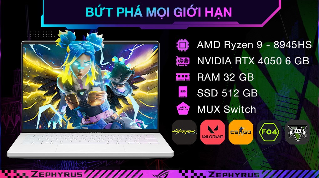 Laptop Asus Gaming ROG Zephyrus G14 GA403UU R9 8945HS/32GB/512GB/6GB RTX4050/120Hz/Túi/Win11 (QS101W)