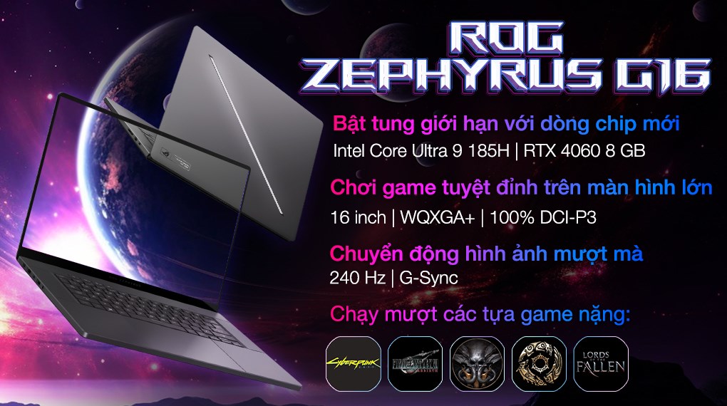 Laptop Asus Gaming ROG Zephyrus G16 GU605MV Ultra 9 185H/32GB/1TB/8GB RTX4060/240Hz/Túi/Win11 (QR135W)